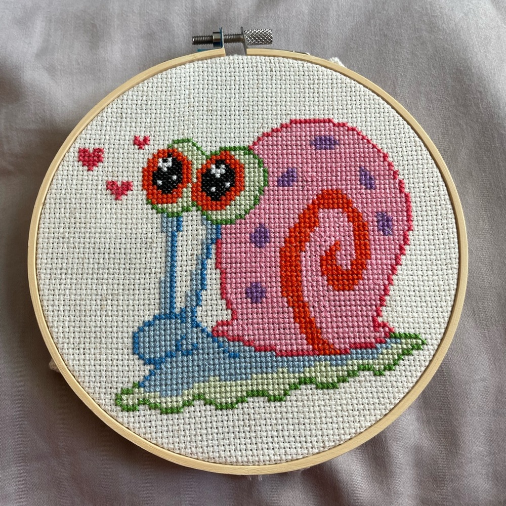 Gary the snail from SpongeBob cross stitch 6” hoop handcrafted